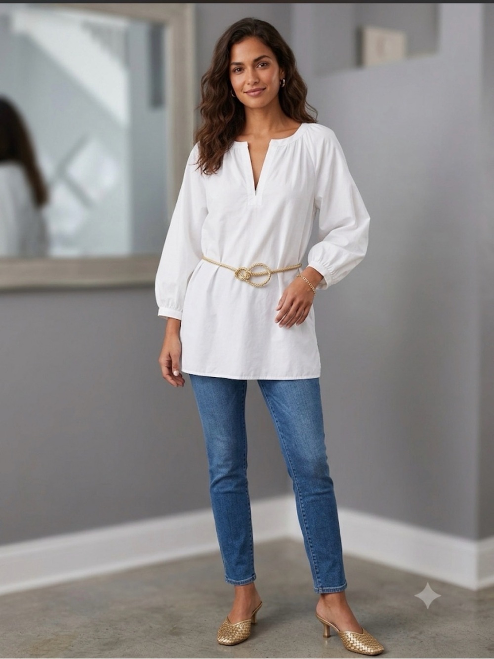 Lauren Ralph Lauren V Neck Peasant Tunic White Gold Snake Like Belt Small